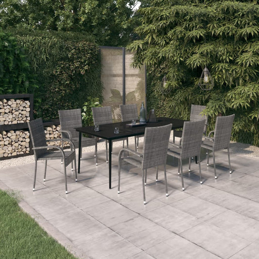 Set da Pranzo per Giardino 9 pz con Cuscini Grigio e Nero - homemem39