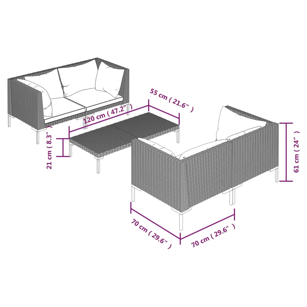 Divani da Giardino 5 pz con Cuscini in Polyrattan Grigio Scuro | homemem39