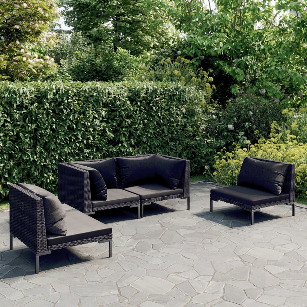 Set Divani da Giardino 4 pz con Cuscini Polyrattan Grigio Scuro | homemem39