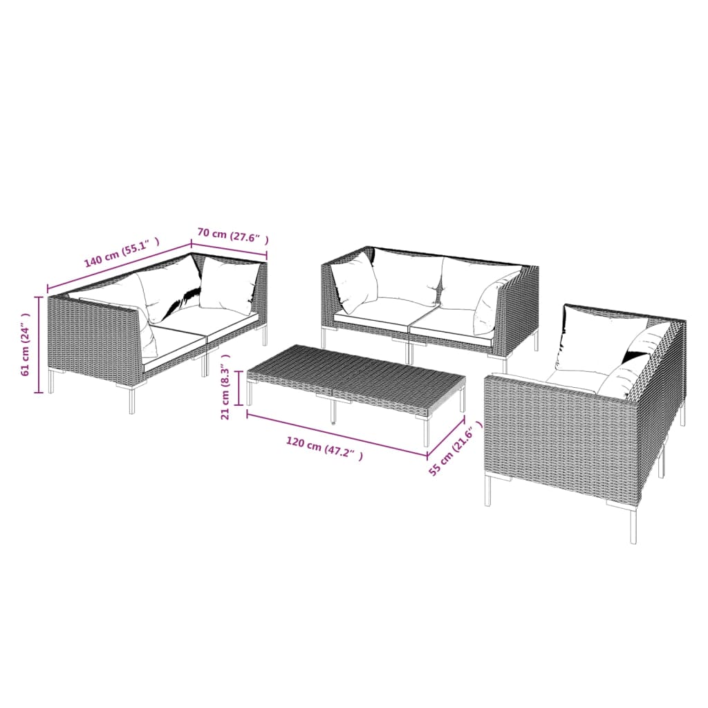 Set Divani da Giardino 7 pz con Cuscini Polyrattan Grigio Scuro | homemem39