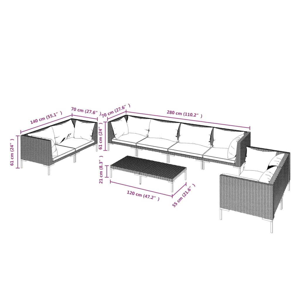 Set Divani da Giardino 9 pz con Cuscini Polyrattan Grigio Scuro | homemem39