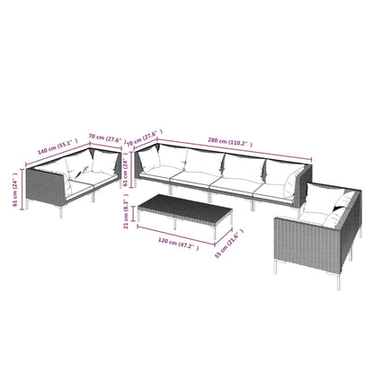 Set Divani da Giardino 9 pz con Cuscini Polyrattan Grigio Scuro | homemem39
