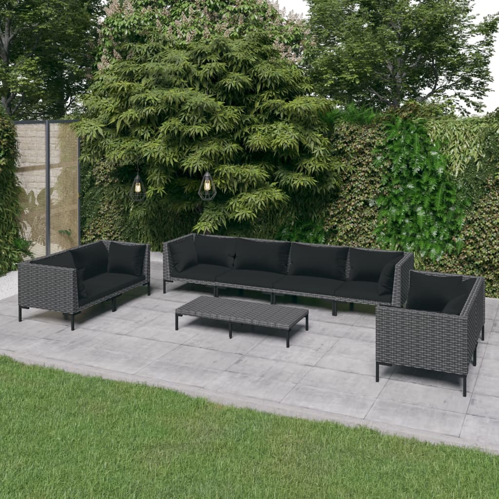 Set Divani da Giardino 9 pz con Cuscini Polyrattan Grigio Scuro | homemem39