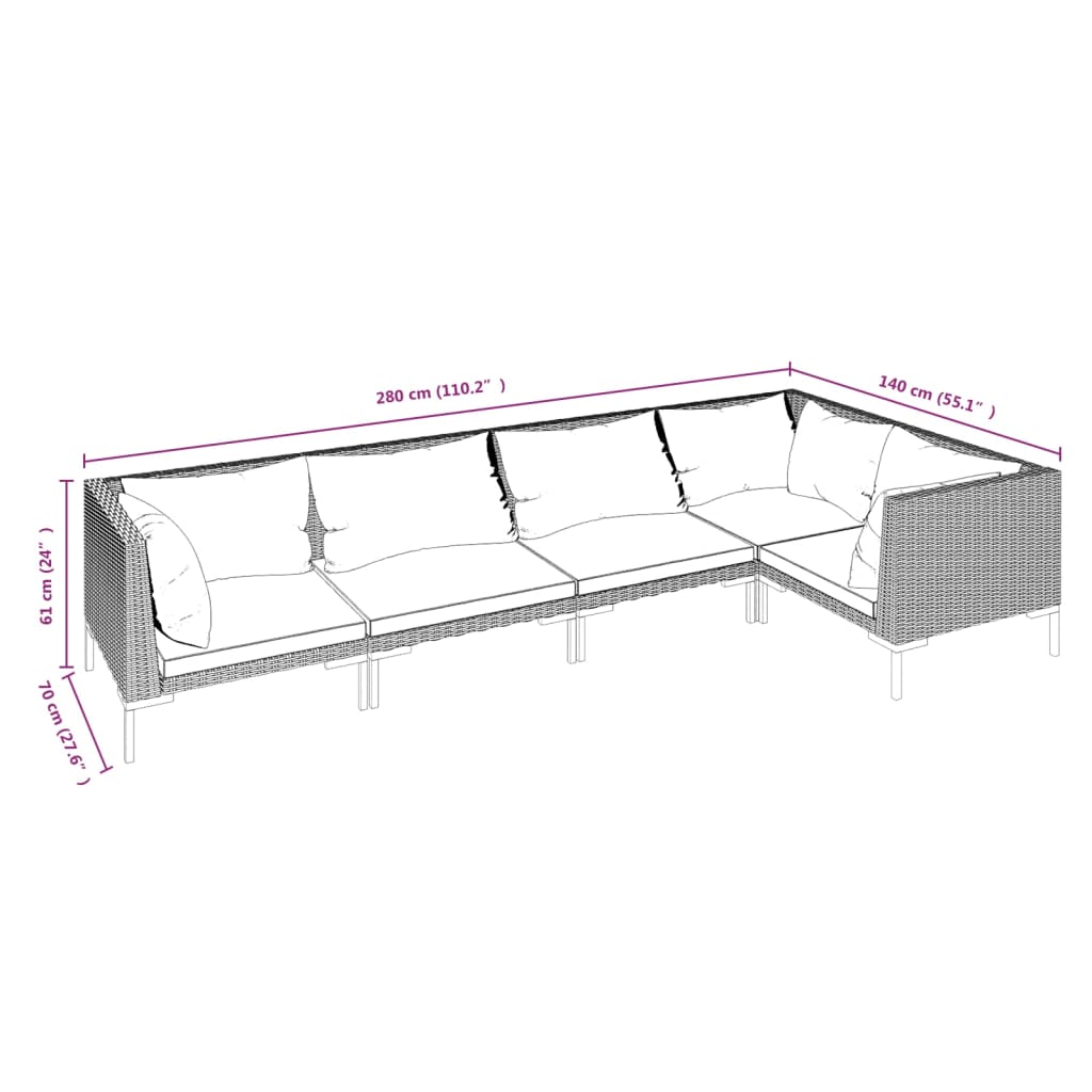 Divani da Giardino 5 pz con Cuscini in Polyrattan Grigio Scuro | homemem39