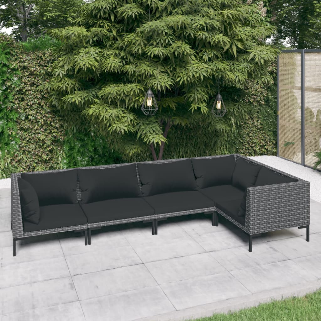 Divani da Giardino 5 pz con Cuscini in Polyrattan Grigio Scuro | homemem39