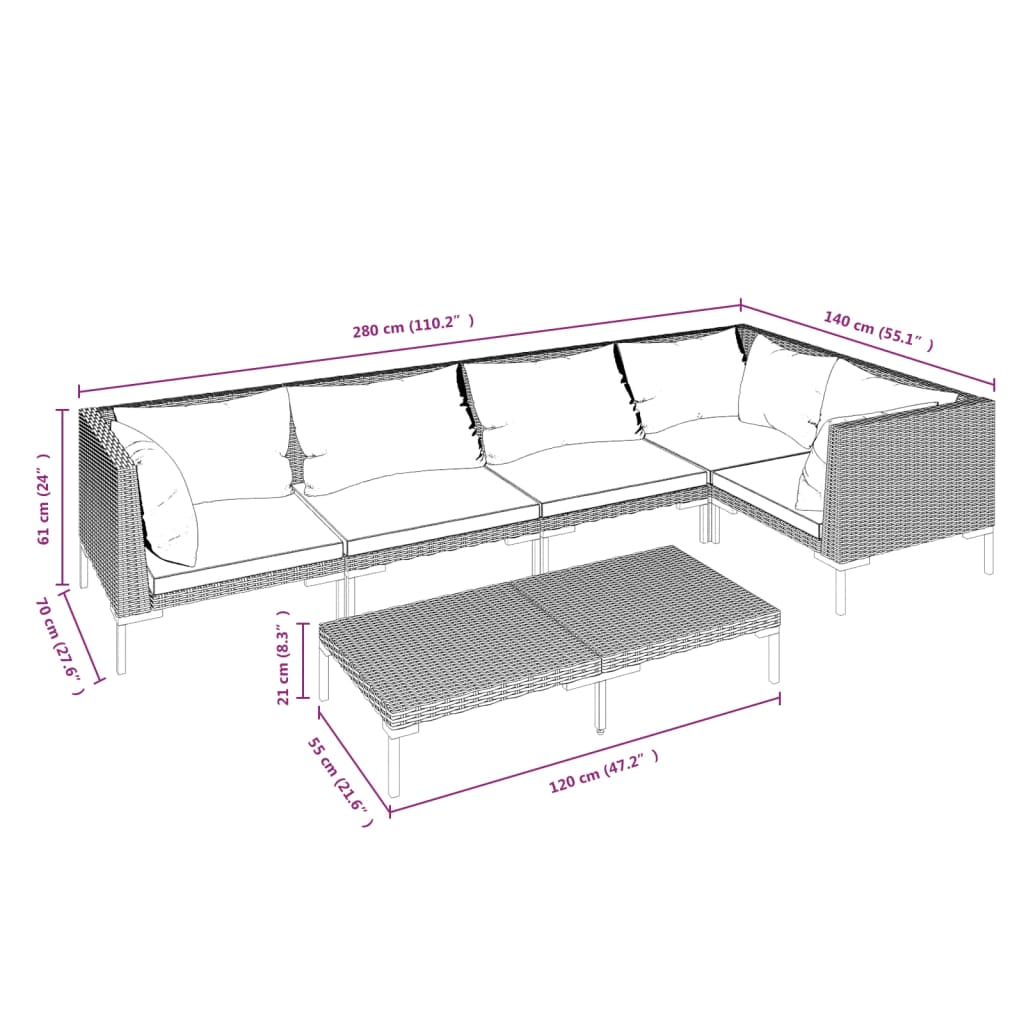 Divani da Giardino 6 pz con Cuscini in Polyrattan Grigio Scuro | homemem39
