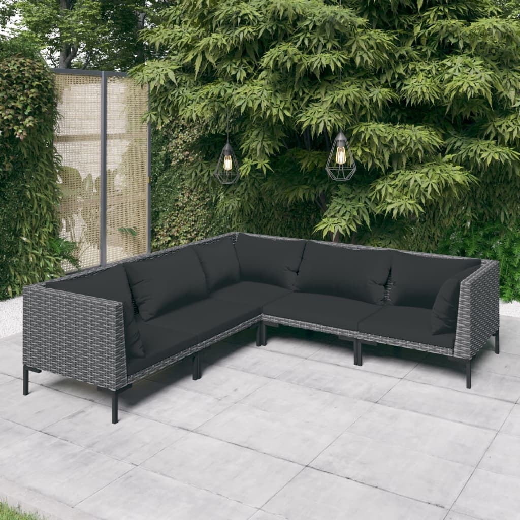 Divani da Giardino 5 pz con Cuscini in Polyrattan Grigio Scuro | homemem39