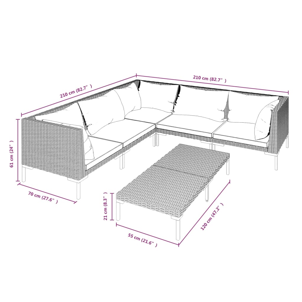 Divani da Giardino 6 pz con Cuscini in Polyrattan Grigio Scuro | homemem39