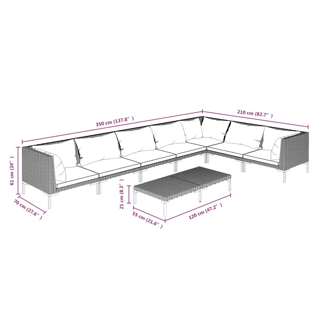 Divani da Giardino 8 pz con Cuscini in Polyrattan Grigio Scuro | homemem39