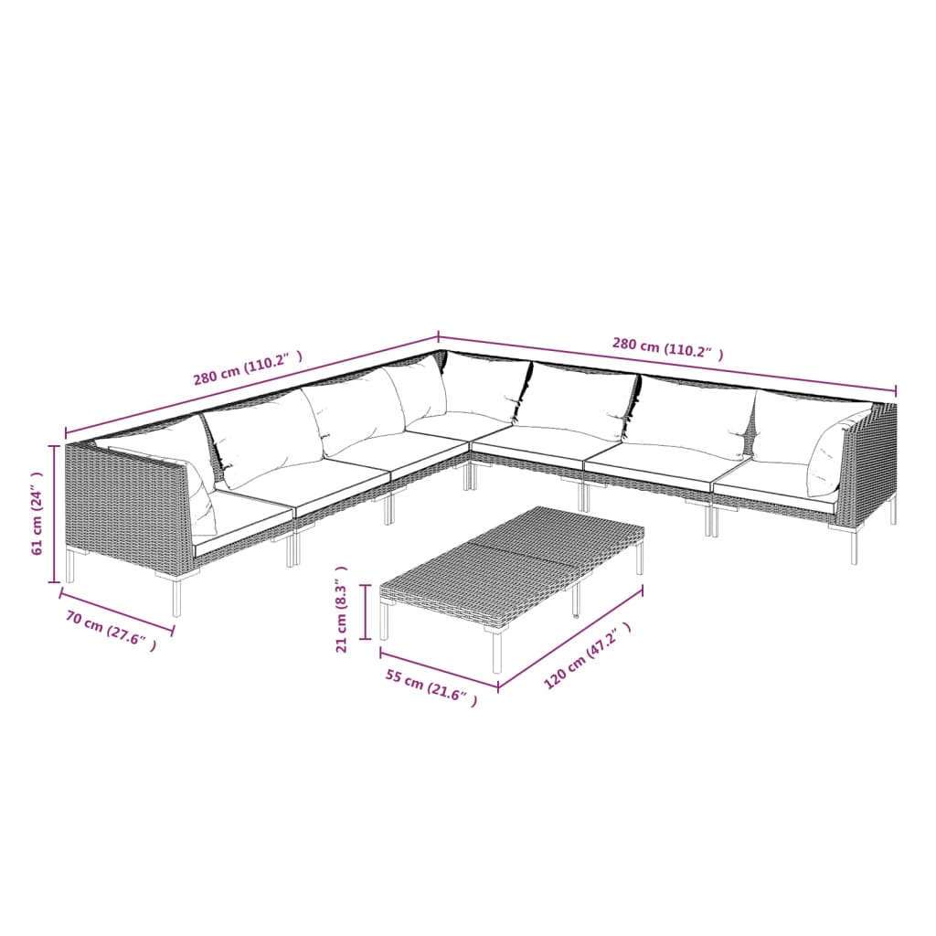 Divani da Giardino 8 pz con Cuscini in Polyrattan Grigio Scuro | homemem39