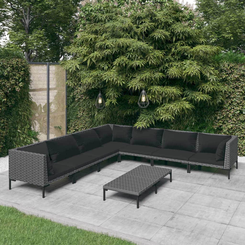 Divani da Giardino 8 pz con Cuscini in Polyrattan Grigio Scuro | homemem39