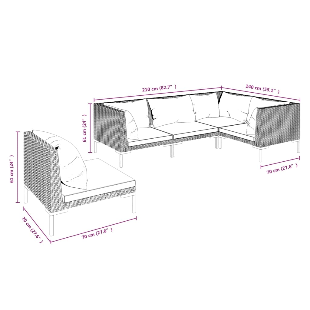 Divani da Giardino 5 pz con Cuscini in Polyrattan Grigio Scuro | homemem39