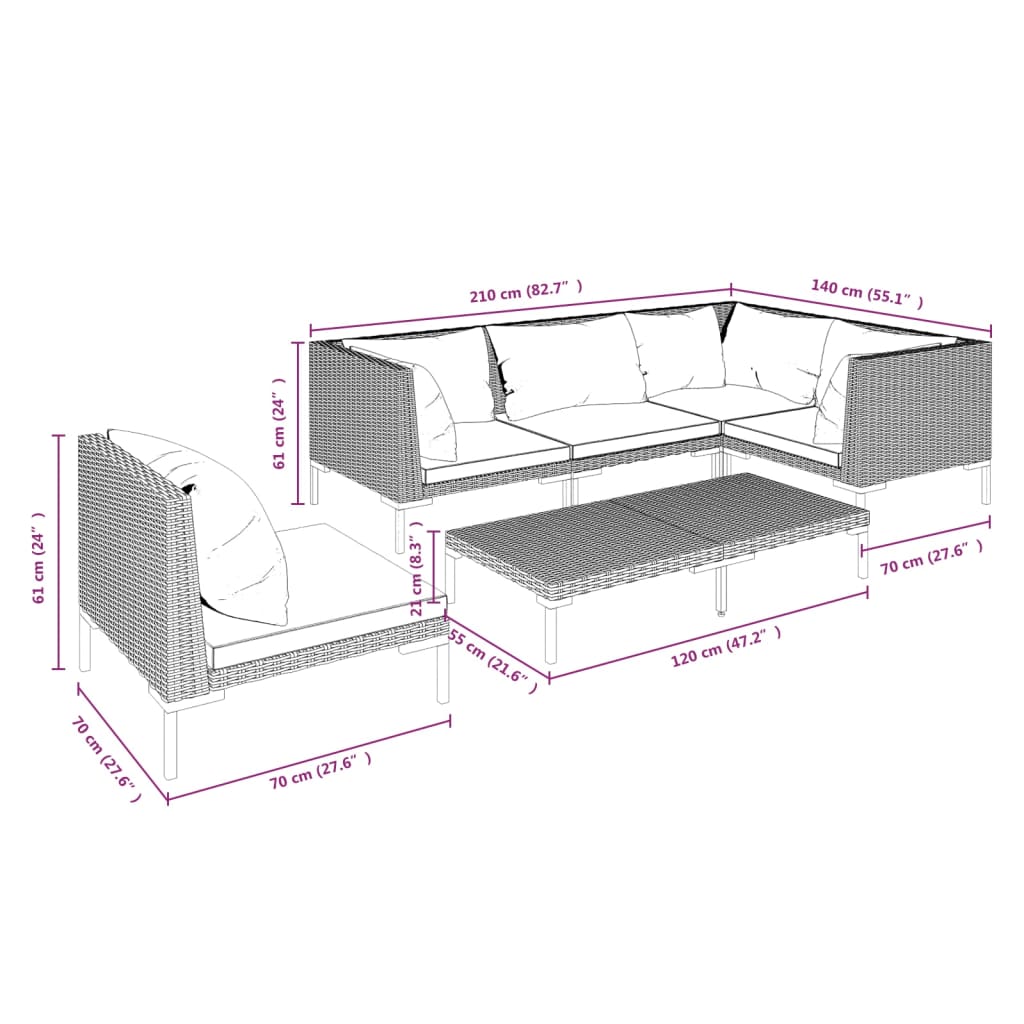 Divani da Giardino 6 pz con Cuscini in Polyrattan Grigio Scuro | homemem39