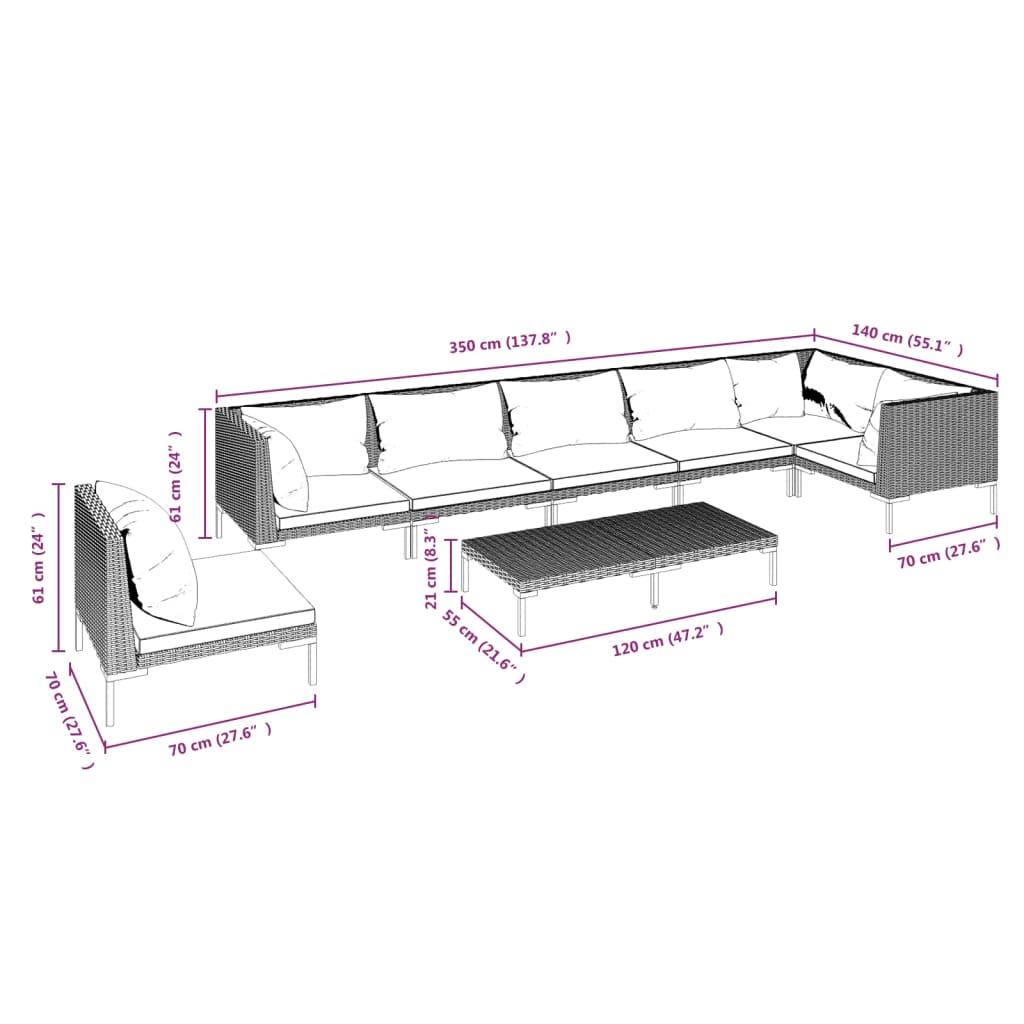 Divani da Giardino 8 pz con Cuscini in Polyrattan Grigio Scuro | homemem39