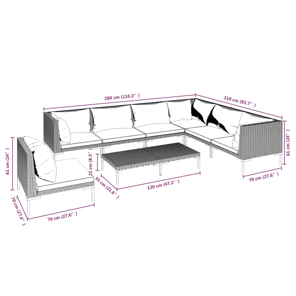 Divani da Giardino 8 pz con Cuscini in Polyrattan Grigio Scuro | homemem39