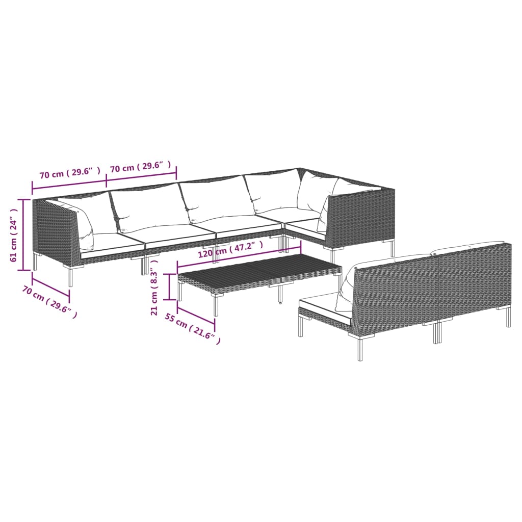 Divani da Giardino 8 pz con Cuscini in Polyrattan Grigio Scuro | homemem39