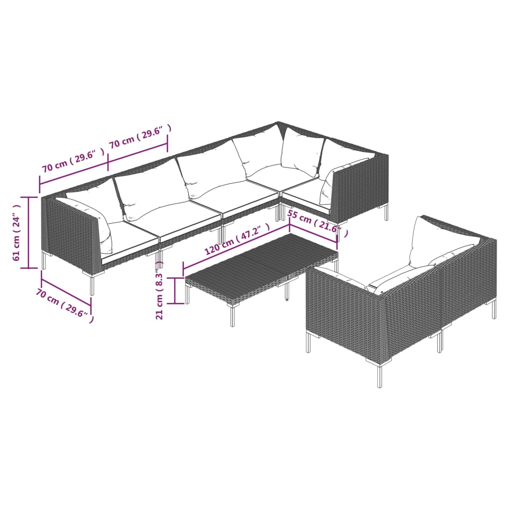 Divani da Giardino 8 pz con Cuscini in Polyrattan Grigio Scuro | homemem39