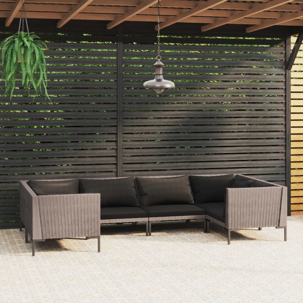 Divani da Giardino 6 pz con Cuscini in Polyrattan Grigio Scuro | homemem39