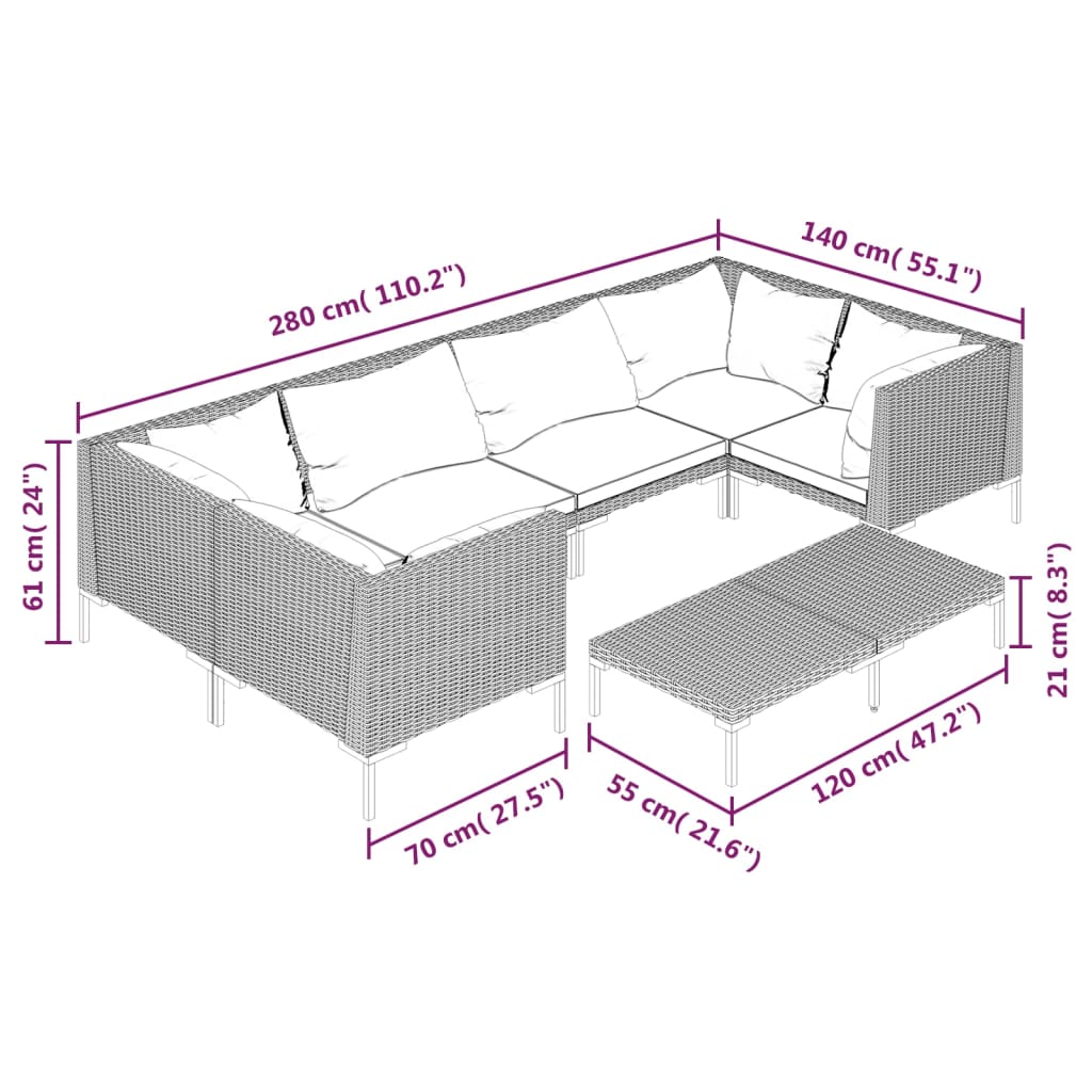 Set Divani da Giardino 7 pz con Cuscini Polyrattan Grigio Scuro | homemem39