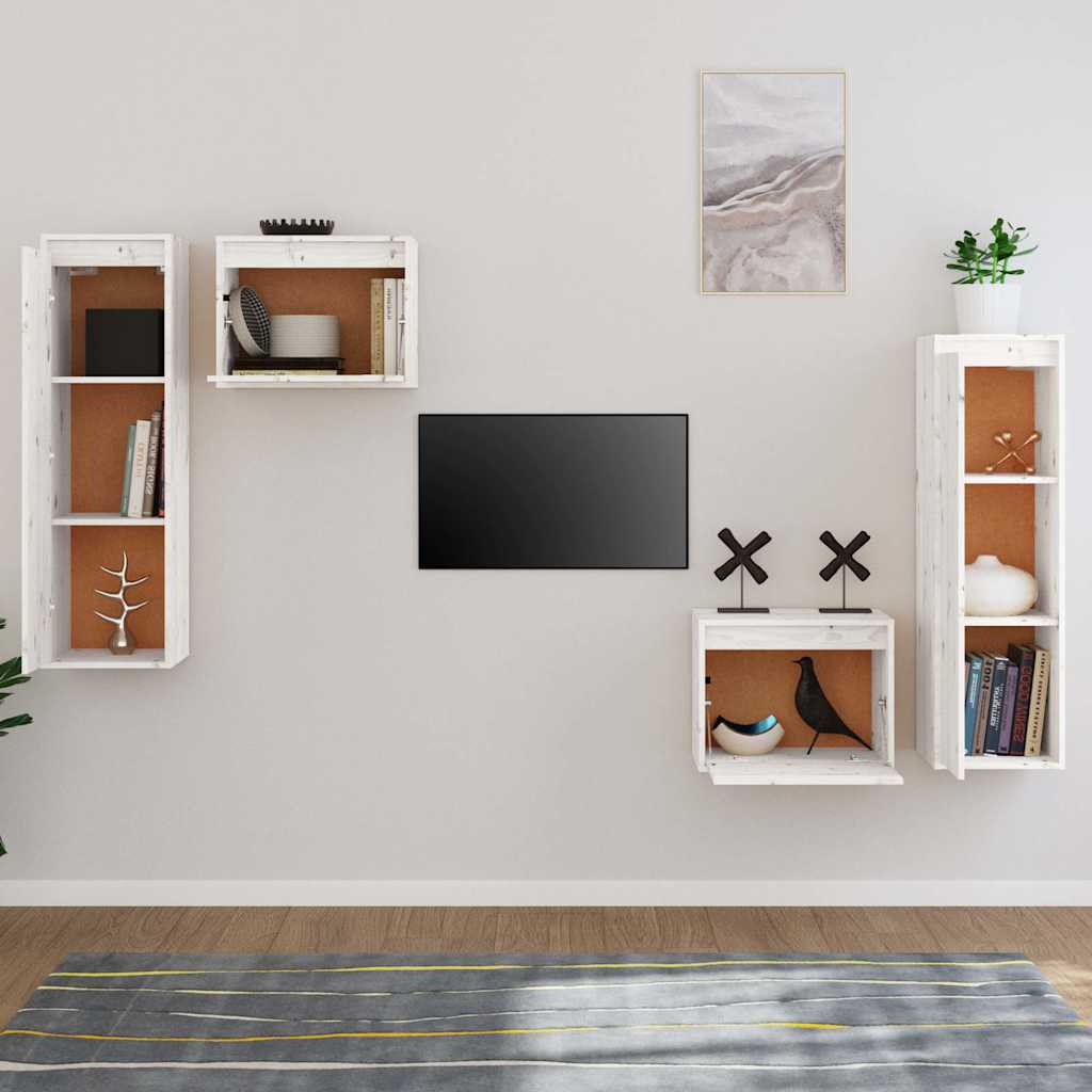 Mobili Porta TV 4 pz Bianchi in Legno Massello di Pino