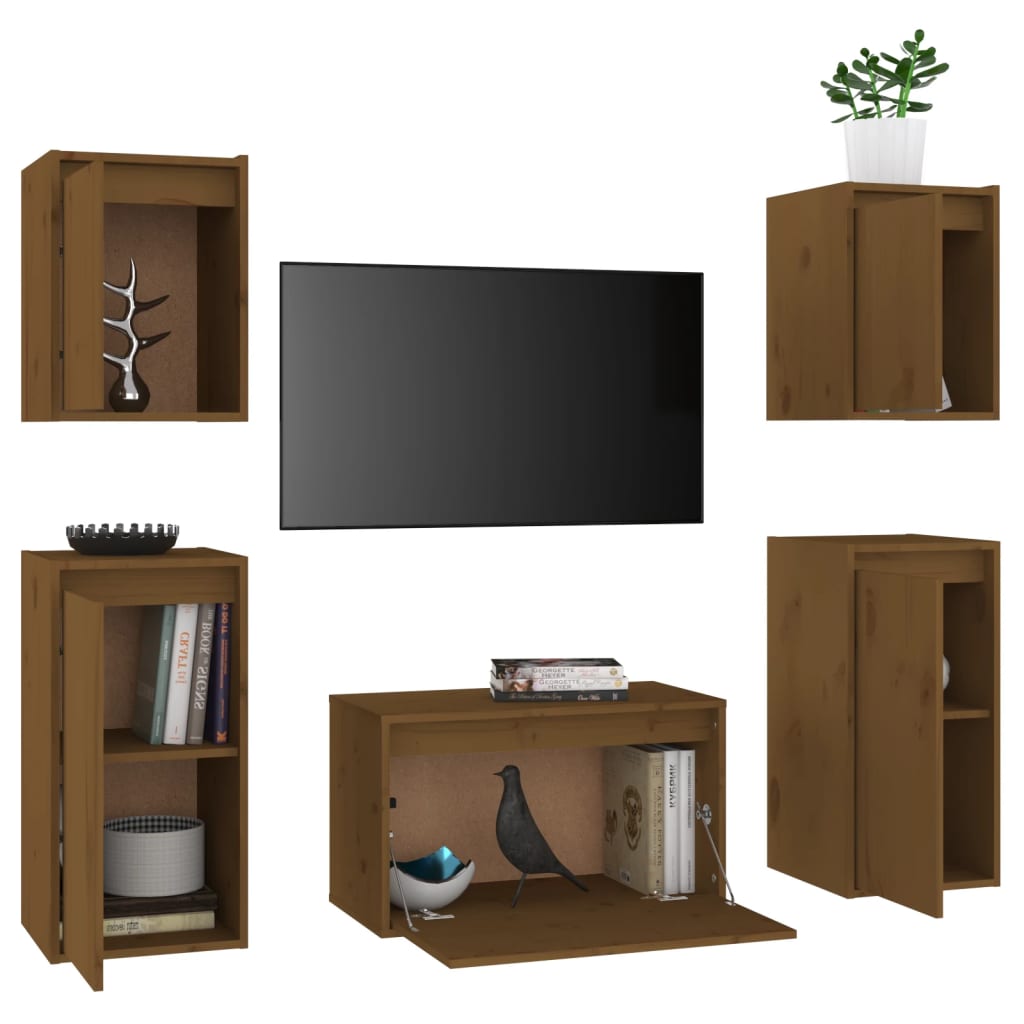 Mobili Porta TV 5 pz ambra in Legno Massello di Pino - homemem39