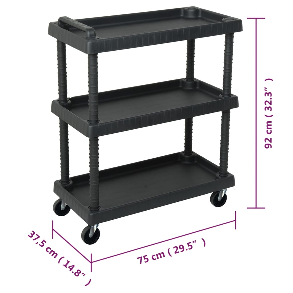 Carrello Attrezzi da Officina a 3 Livelli Nero 75x37,5x92 cm PP | homemem39