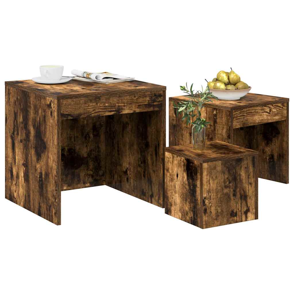 Tavolini Impilabili 3 pz Rovere Fumo in Legno Multistrato