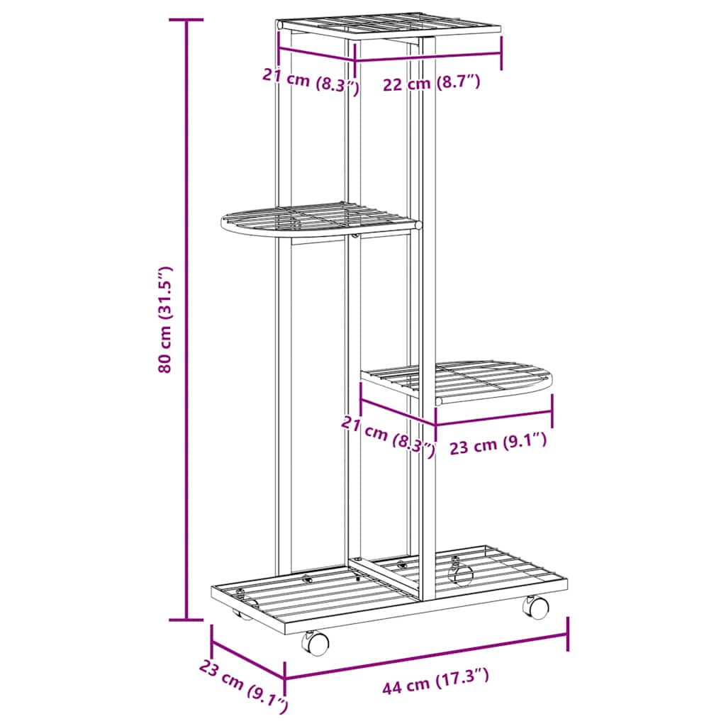 Fioriera a 4 Piani con Ruote 44x23x80 cm Ferro Nero