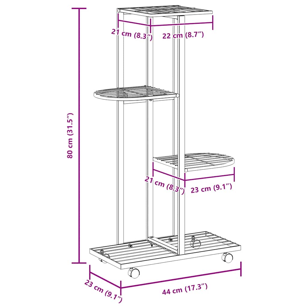 Fioriera a 4 Piani con Ruote 44x23x80 cm Ferro Bianco