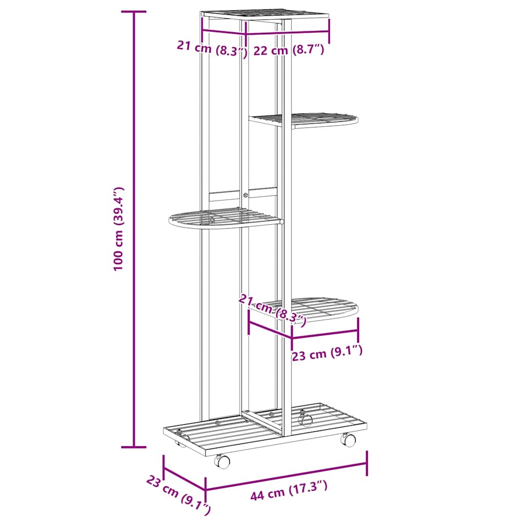 Fioriera a 5 Piani con Ruote 44x23x100 cm Ferro Nero