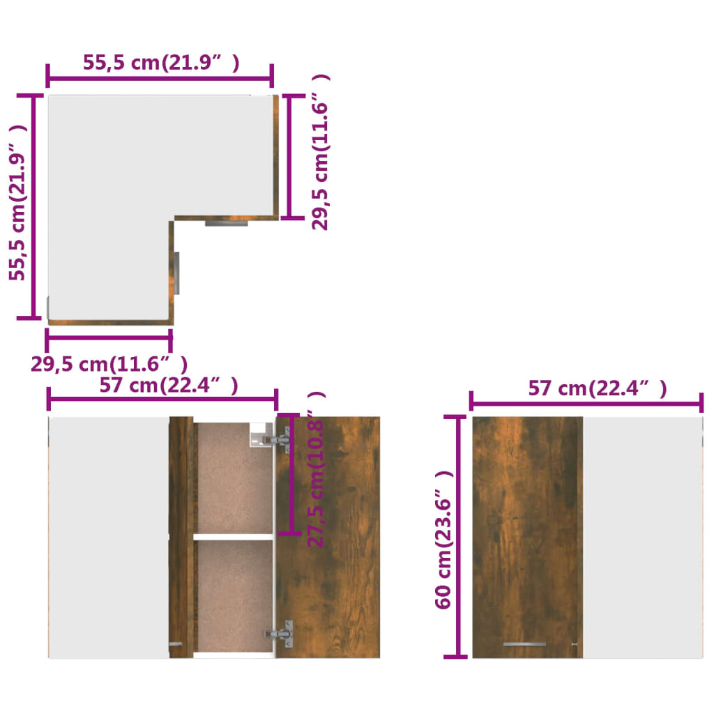 Mobile Pensile Angolo Rovere Fumo 57x57x60 cm Legno Multistrato - homemem39