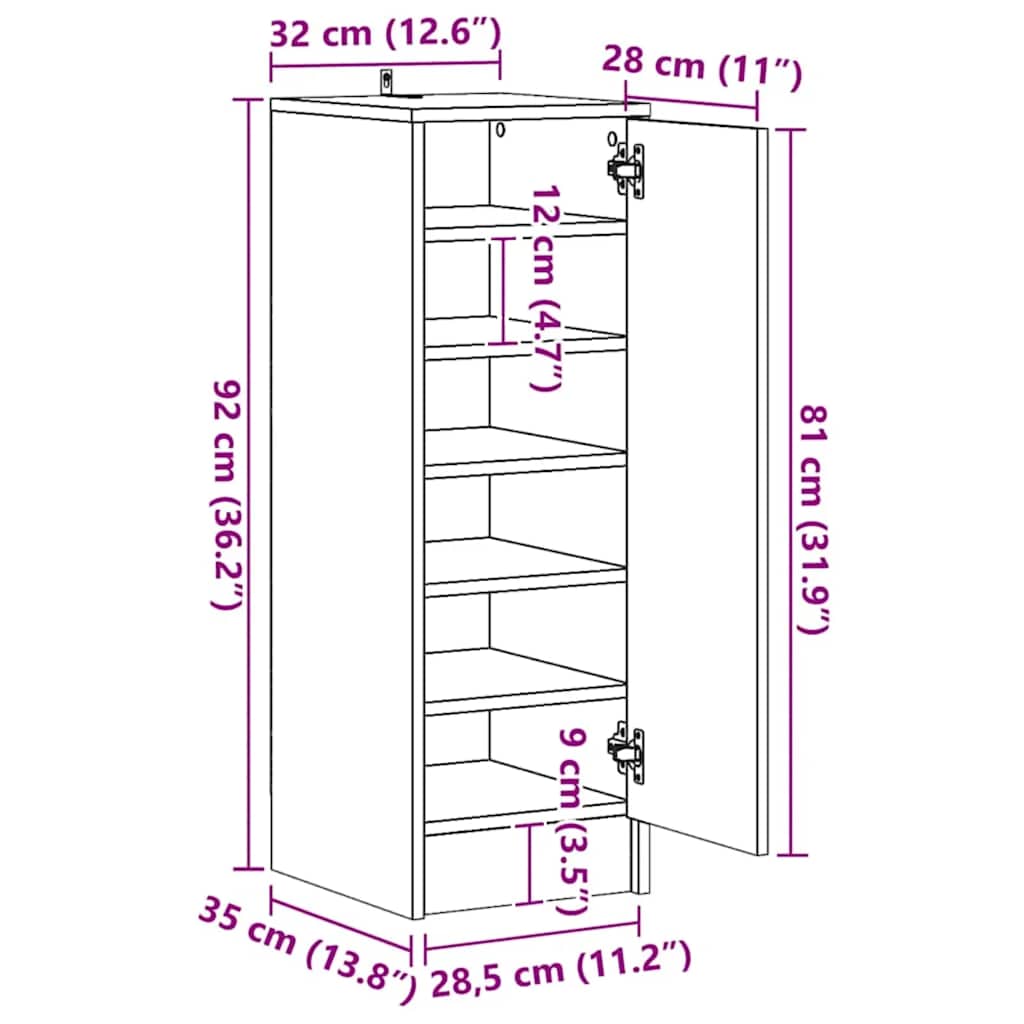 Sonoma Gray Shoe Rack 32x35x92 cm in Multilayer Wood
