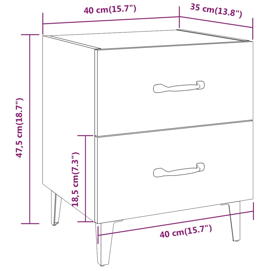 Comodini 2 pz in Bianco Lucido 40x35x47,5 cm