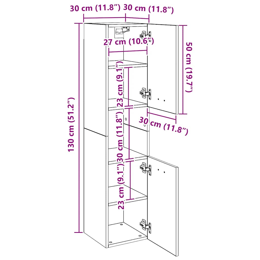 Armadietto Bagno Rovere Fumo 30x30x130 cm in Legno Multistrato