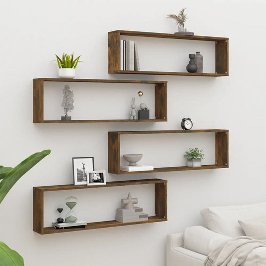 Mensole Parete Cubo 4pz Rovere Fumo 100x15x30 Legno Multistrato | homemem39