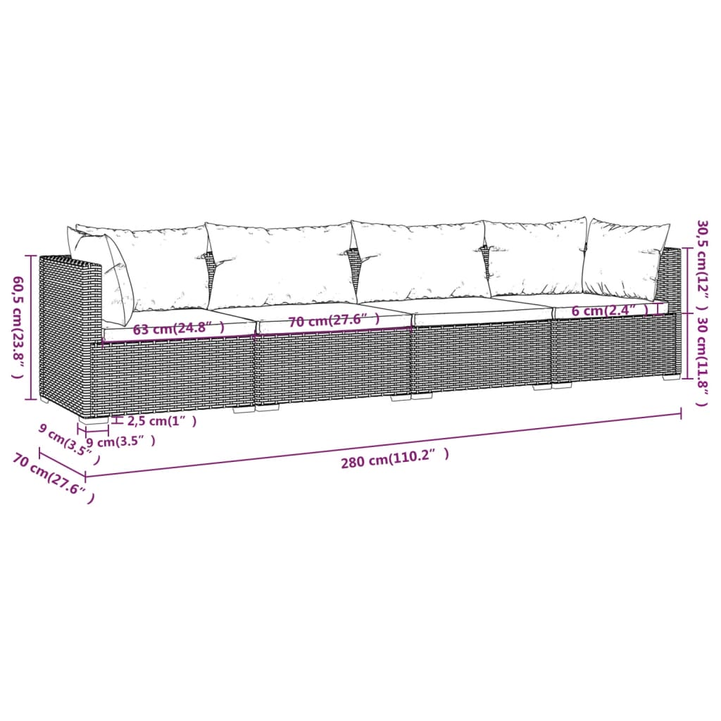 Set Divani da Giardino 4 pz con Cuscini in Polyrattan Marrone | homemem39