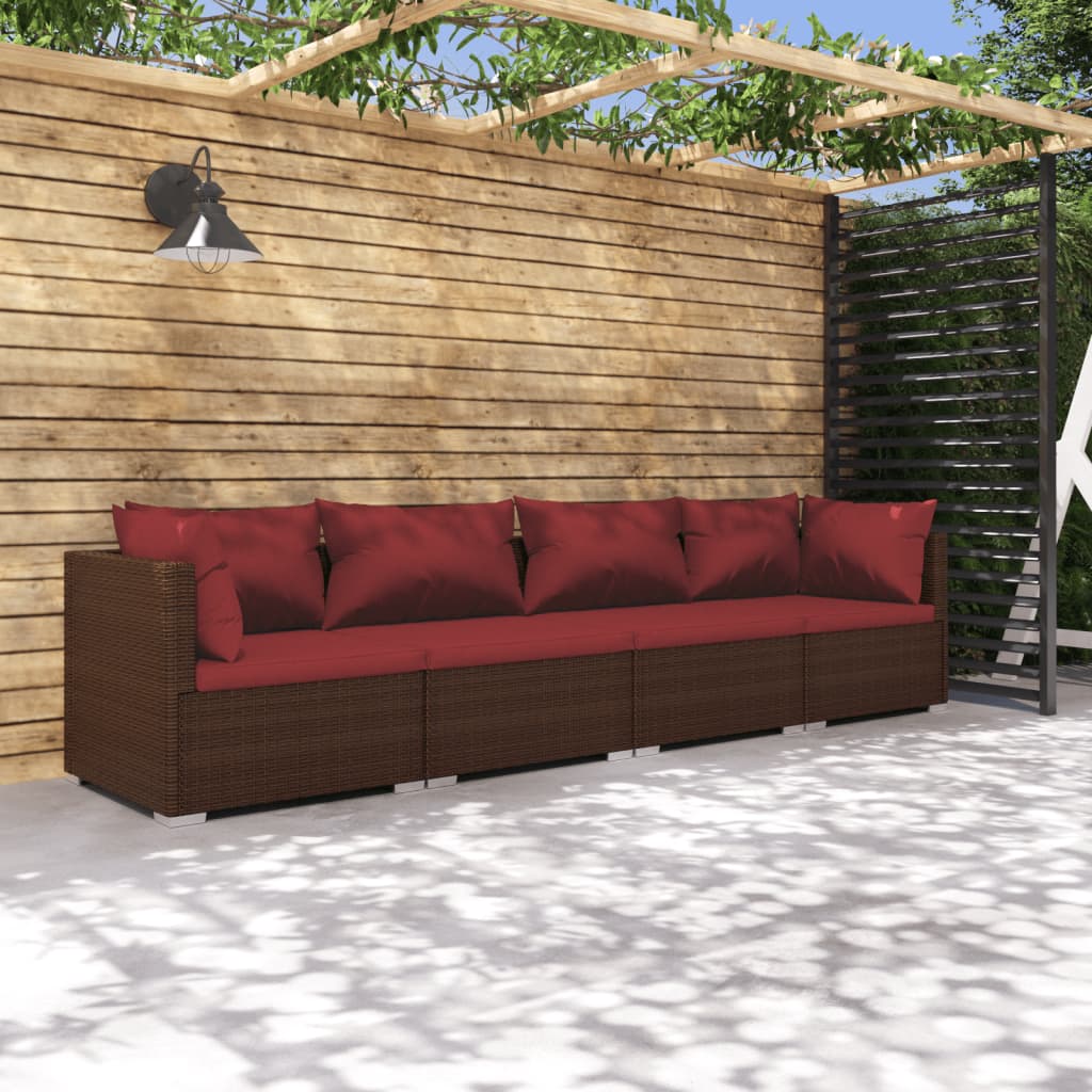Set Divani da Giardino 4 pz con Cuscini in Polyrattan Marrone | homemem39