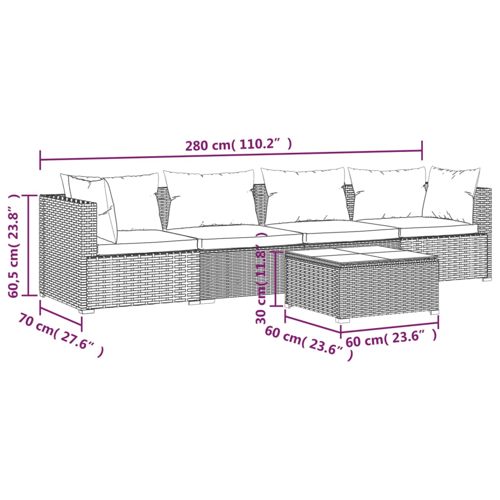 Set Divani da Giardino 5 pz con Cuscini in Polyrattan Nero | homemem39