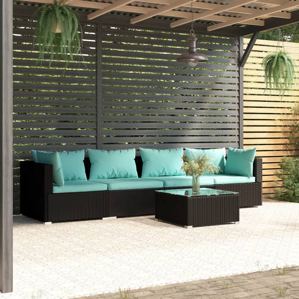 Set Divani da Giardino 5 pz con Cuscini in Polyrattan Nero | homemem39