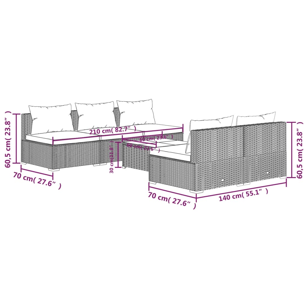 Set Divani da Giardino 6 pz con Cuscini in Polyrattan Marrone | homemem39