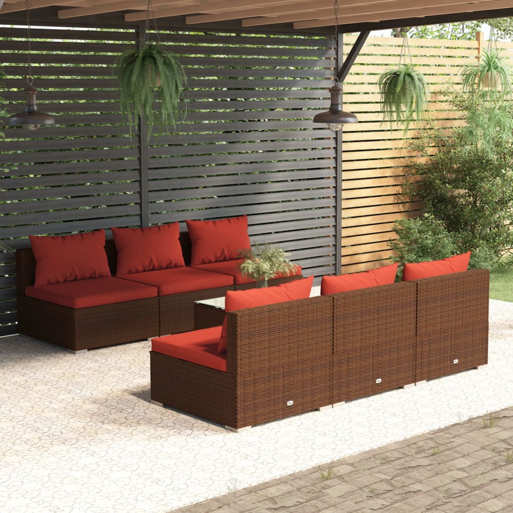 Set Divani da Giardino 7 pz con Cuscini in Polyrattan Marrone | homemem39