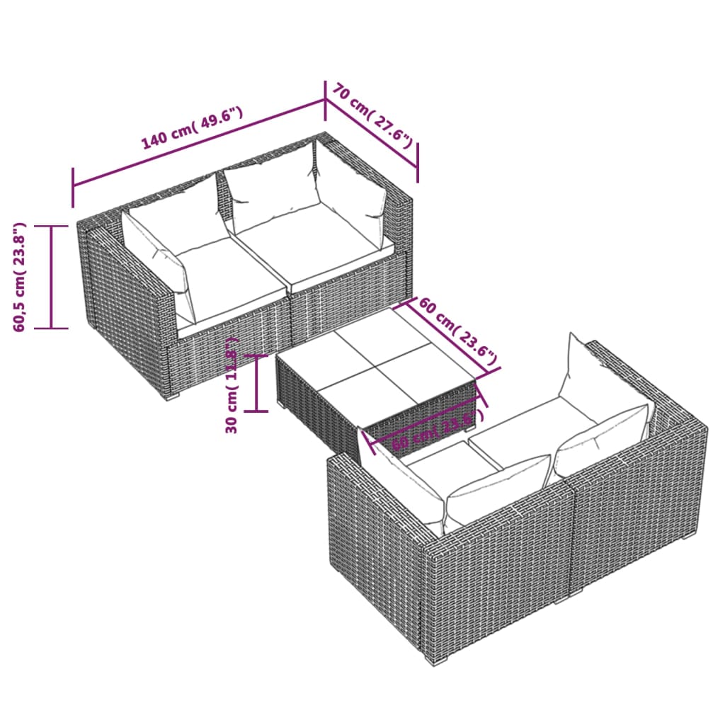 Set Divani da Giardino 5 pz con Cuscini in Polyrattan Marrone | homemem39