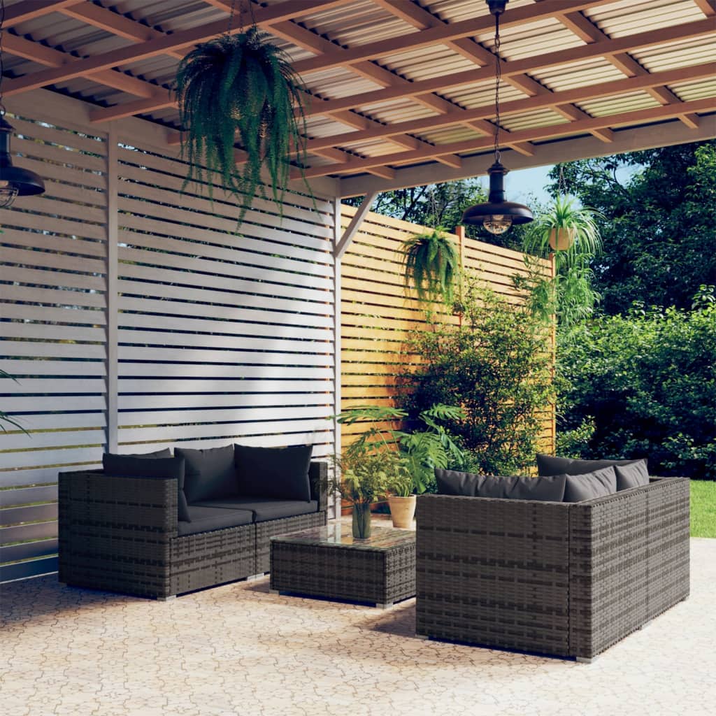 Set Divani da Giardino 5 pz con Cuscini in Polyrattan Grigio | homemem39