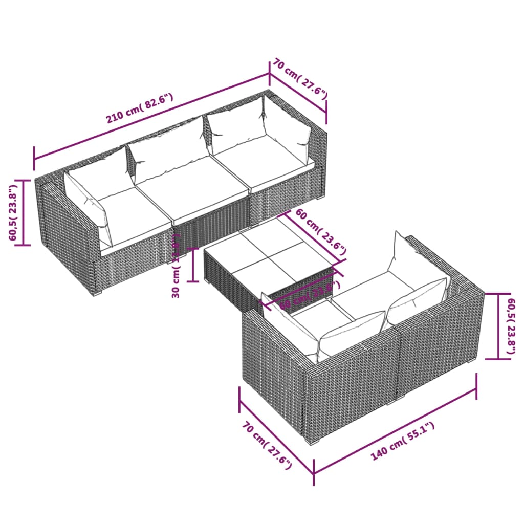 Set Divani da Giardino 6 pz con Cuscini in Polyrattan Marrone | homemem39
