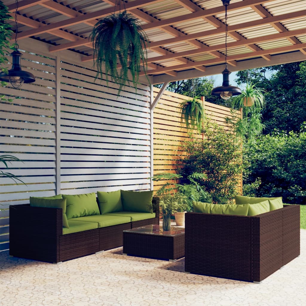 Set Divani da Giardino 6 pz con Cuscini in Polyrattan Marrone | homemem39