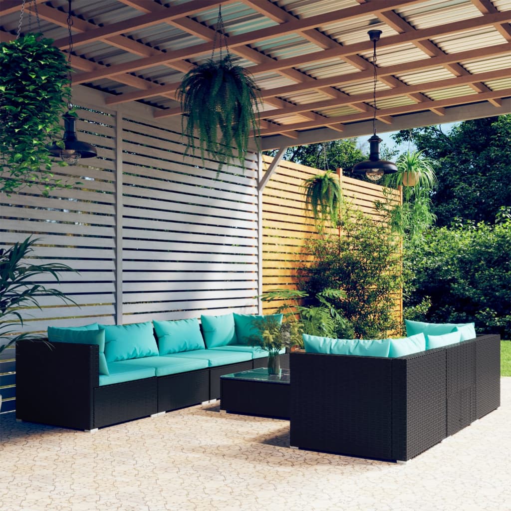 Set Mobili da Giardino con Cuscini 8 pz in Polyrattan Nero | homemem39