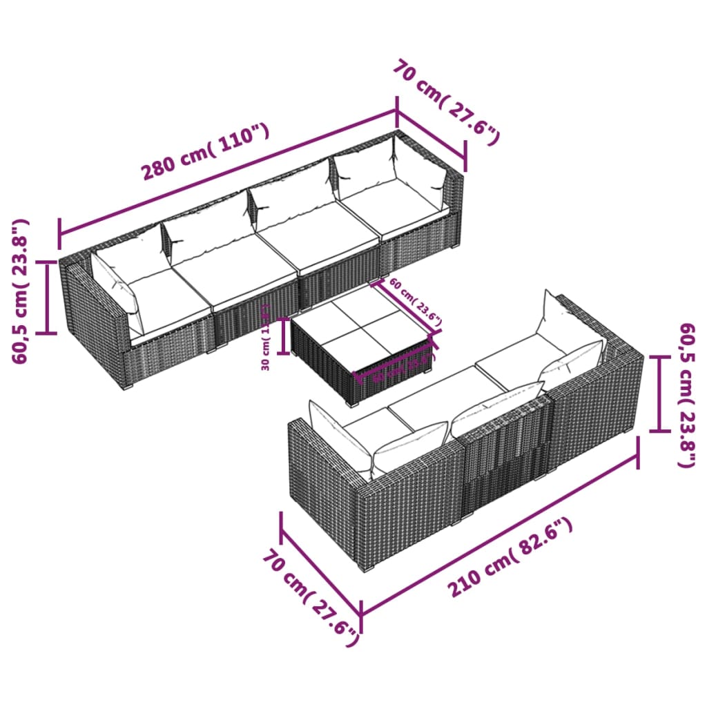 Set Divani da Giardino 8 pz con Cuscini in Polyrattan Marrone | homemem39