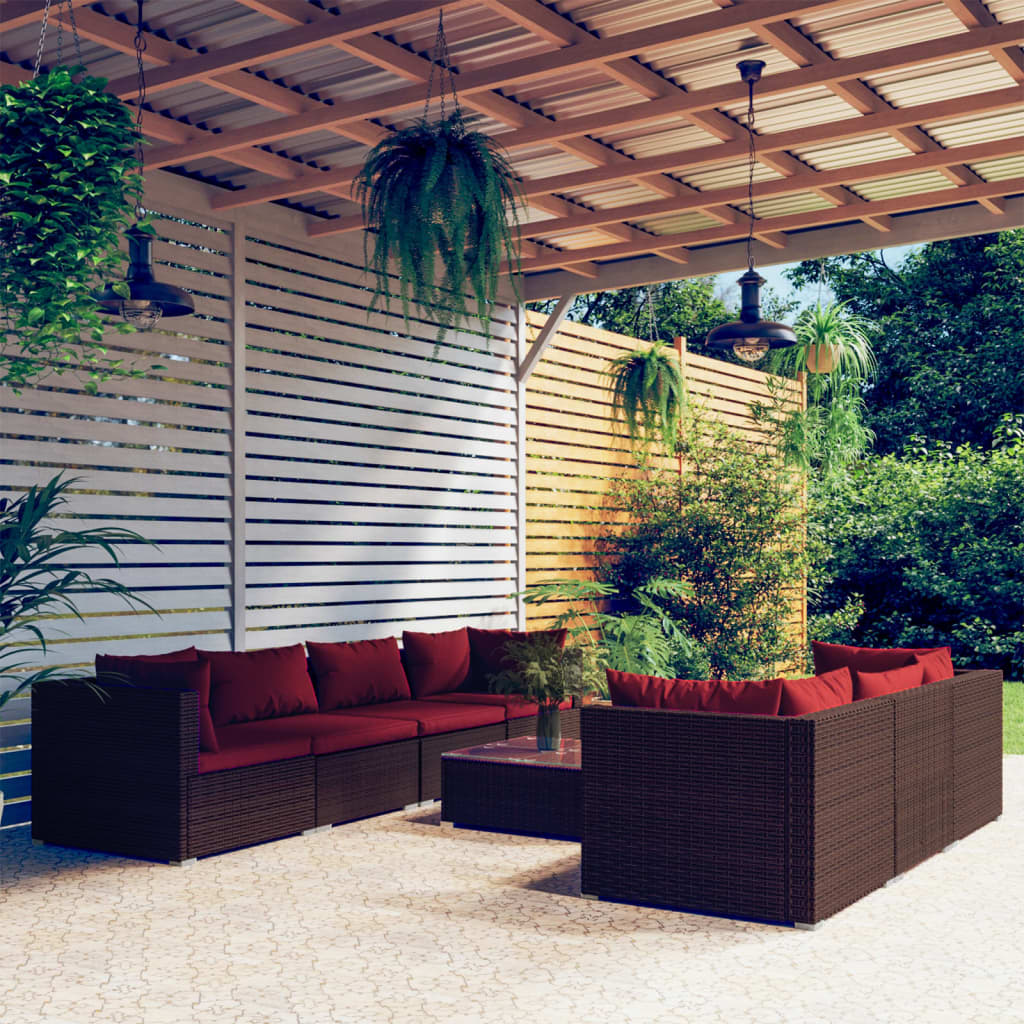 Set Divani da Giardino 8 pz con Cuscini in Polyrattan Marrone | homemem39