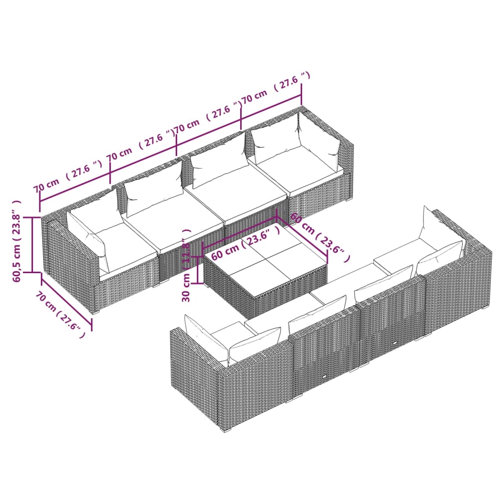 Set Divani da Giardino 9 pz con Cuscini in Polyrattan Marrone | homemem39