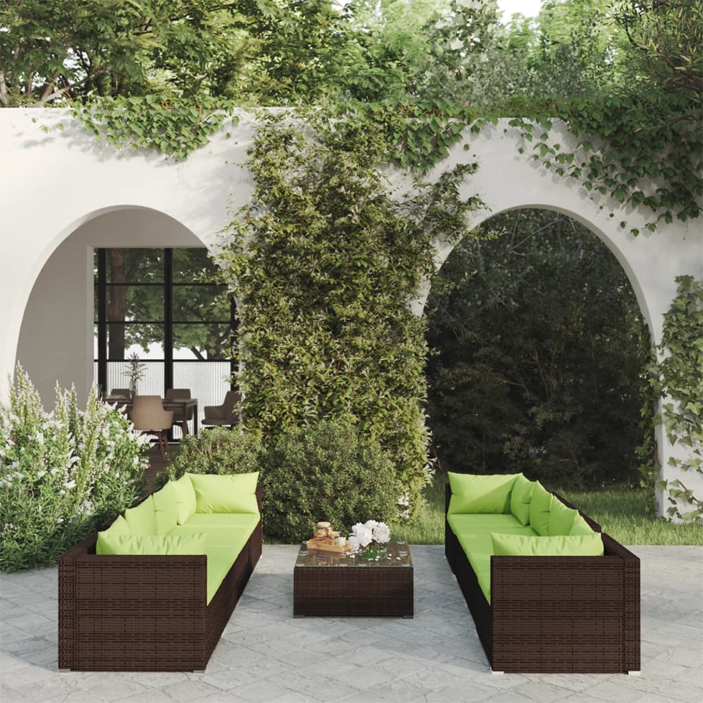 Set Divani da Giardino 9 pz con Cuscini in Polyrattan Marrone | homemem39